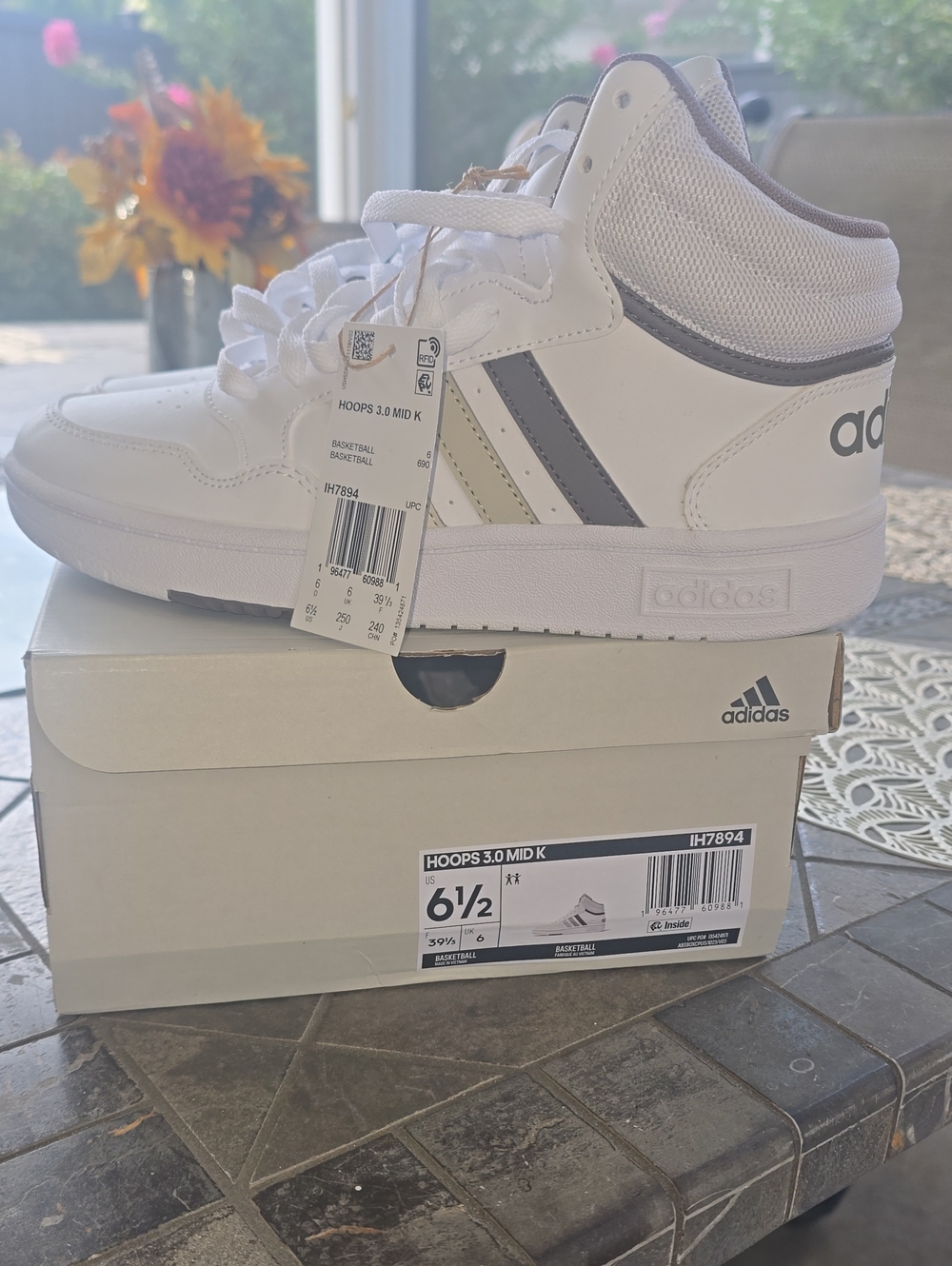 adidas Kids White Mid-Top Sneakers with Gray Stripes